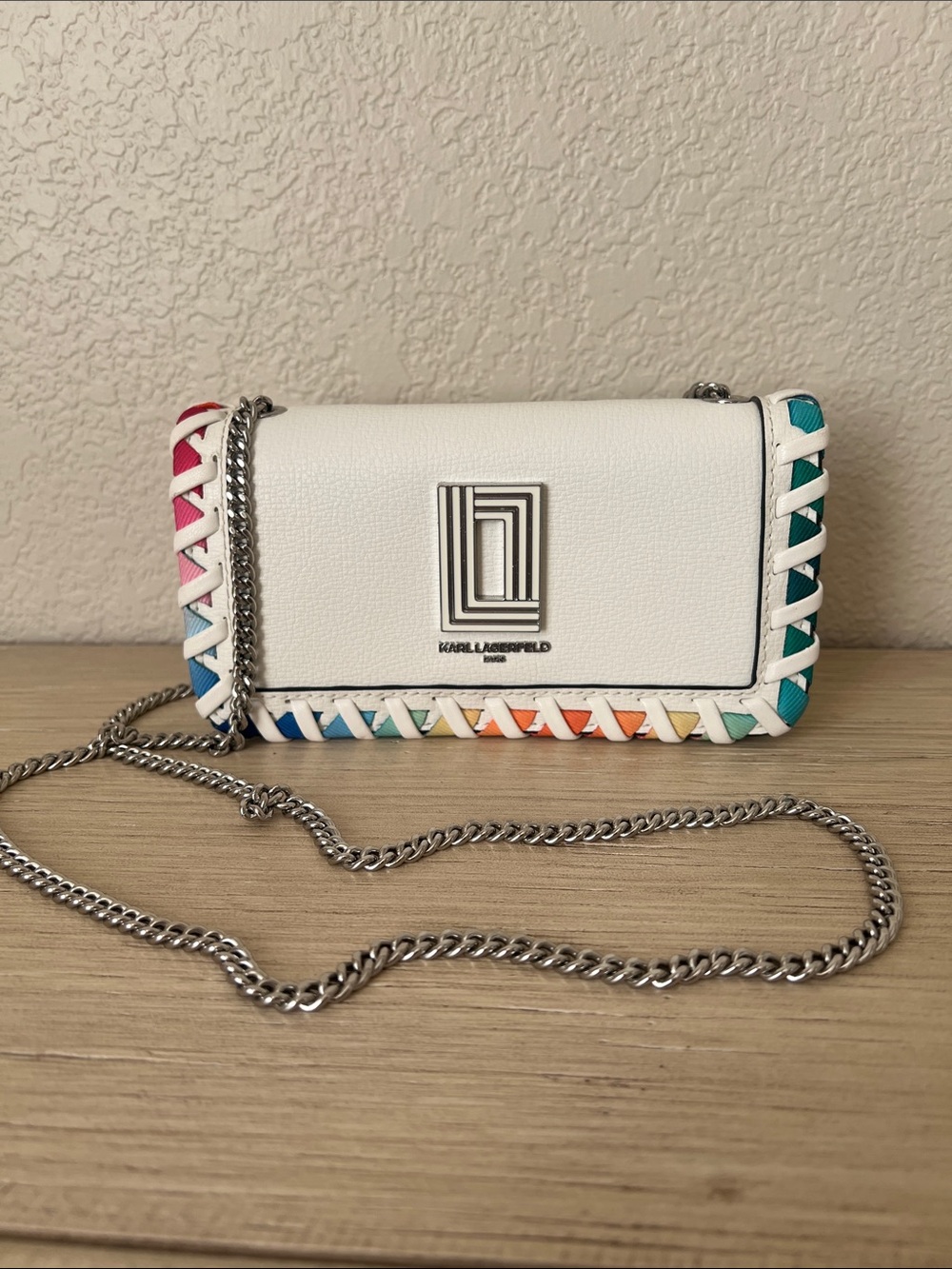 Karl Lagerfeld White Crossbody with Rainbow Braided Trim and Silver Chain